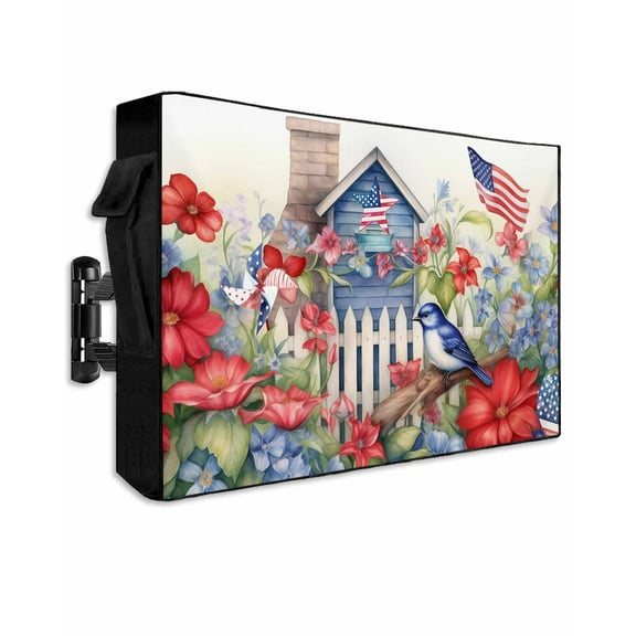 4th of July Outdoor TV Cover 30 to 32 Inch Weatherproof, Independence Day Floral Birds American Flag 600D Oxford TV Covers with Waterproof Zipper, Outside Flat TV Screen Protector 30"Wx19"Hx4.5"D