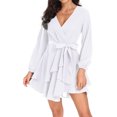 thumbnail image 3 of Aiyino Women's Dress Deep V-Neck Long Sleeve Waist Tie Ruffle Mini Swing Skater Dresses,White, 3 of 7