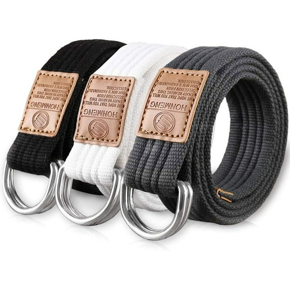 3 Pack Canvas Web Belts 1.25" Wide Double D-ring Buckle for Men, Adjustable Solid Color Military Style (Black   White   Blue gray)