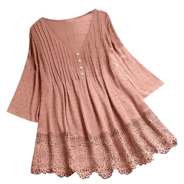 Camisa de algodón y lino con cuello en V de color sólido para mujer Top hueco de encaje con costuras Fridja hj4539