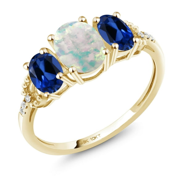 Gem Stone King 10K Yellow Gold 3-Stone Diamond Engagement Ring 2.2Ct Cabochon White Simulated Opal Blue Created Sapphire (Size 8)