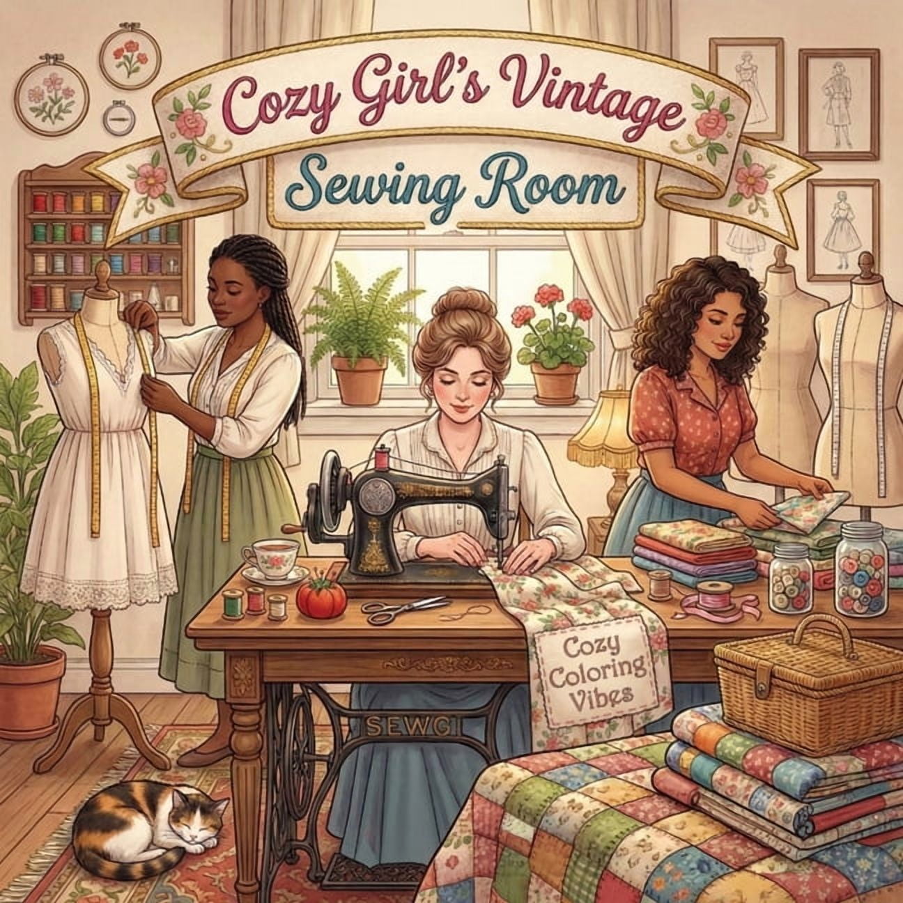 Cozy Girl Collection Cozy Girl's Vintage Sewing Room: Fun Bold Line Cute Craft Coloring Book for Adults Aesthetic Hobby Scenes, Relaxing Dail, (Paperback)