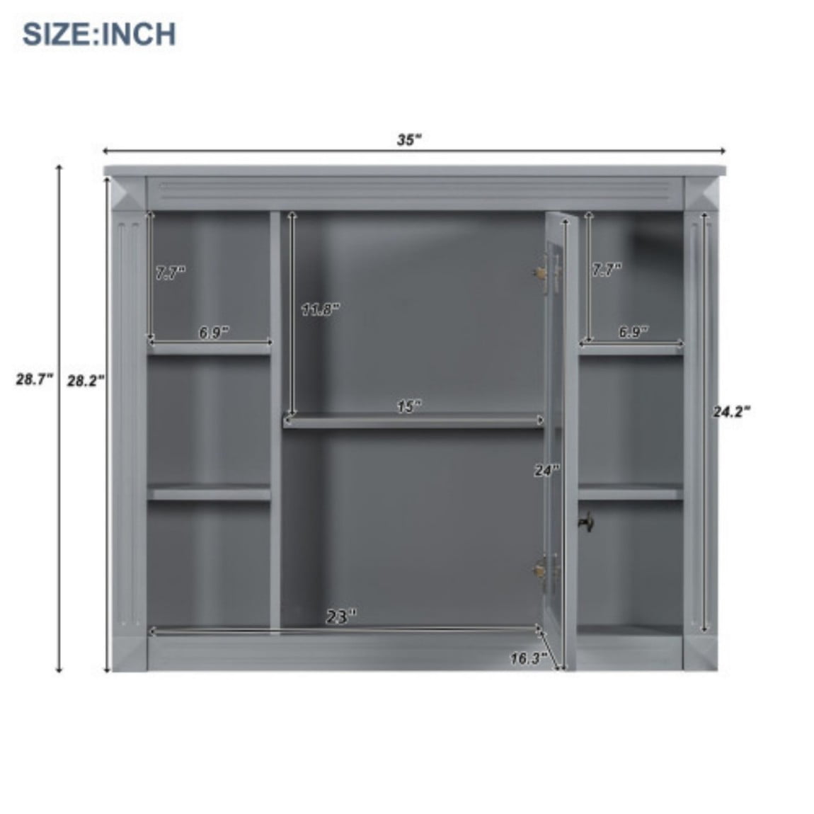 35"x 28" Wall Mounted Bathroom Medicine Cabinet with Mirror, Adjustable Shelves, Open Storage, Towel Bar, MDF Bathroom Storage Cabinet, Grey