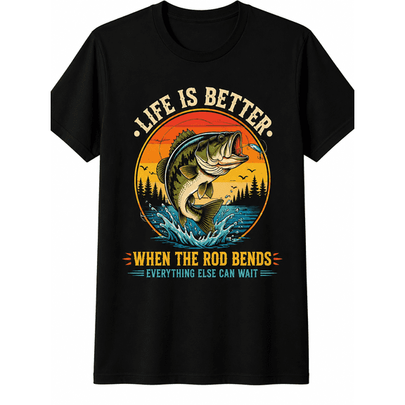Life Is Better When The Rod Bends Bass Fishing T-Shirt Vintage Sunset Largemouth Bass Graphic Tee for Men Women Funny Fisherman Angler Shirt Outdoor Lake Fishing Gift for Dad Husband Grandpa