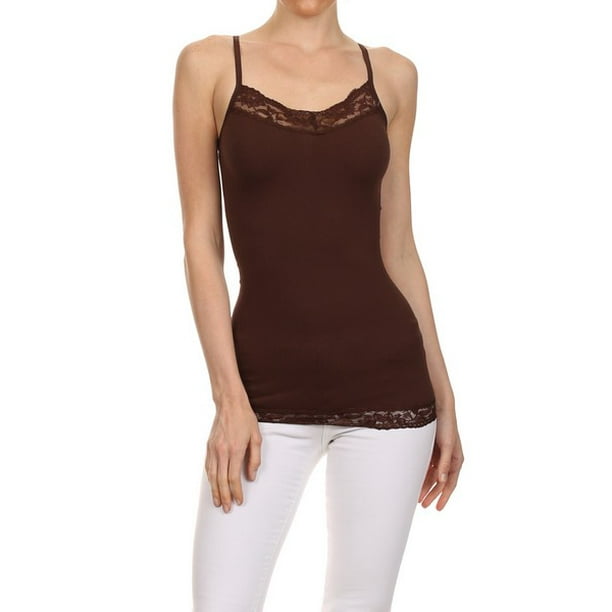 Yelete Women's Spaghetti Lace Trimmed Long Tank Top Dark Brown