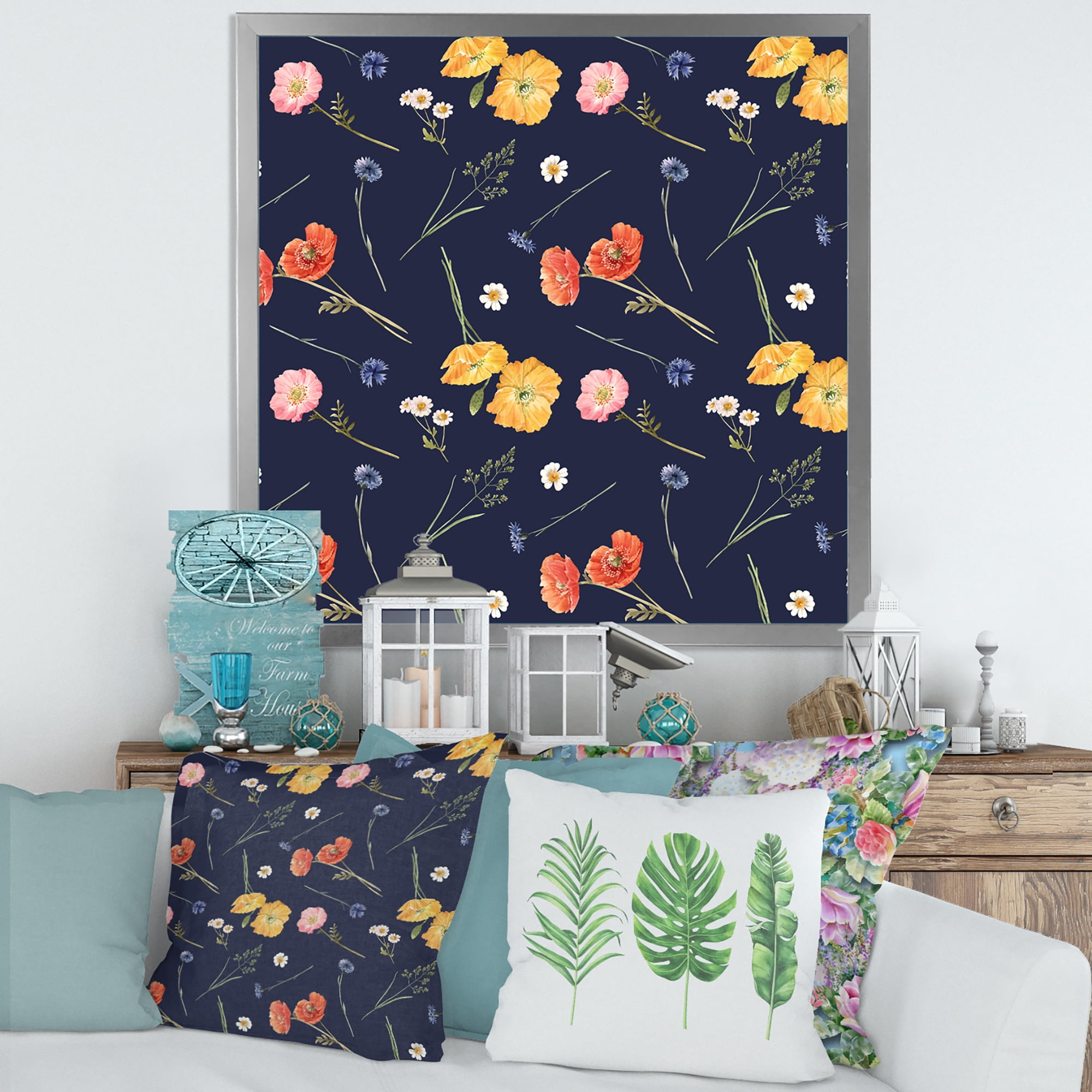 Designart 'Yellow and Orange Wild Flowers On Dark Blue' Traditional Framed Art Print