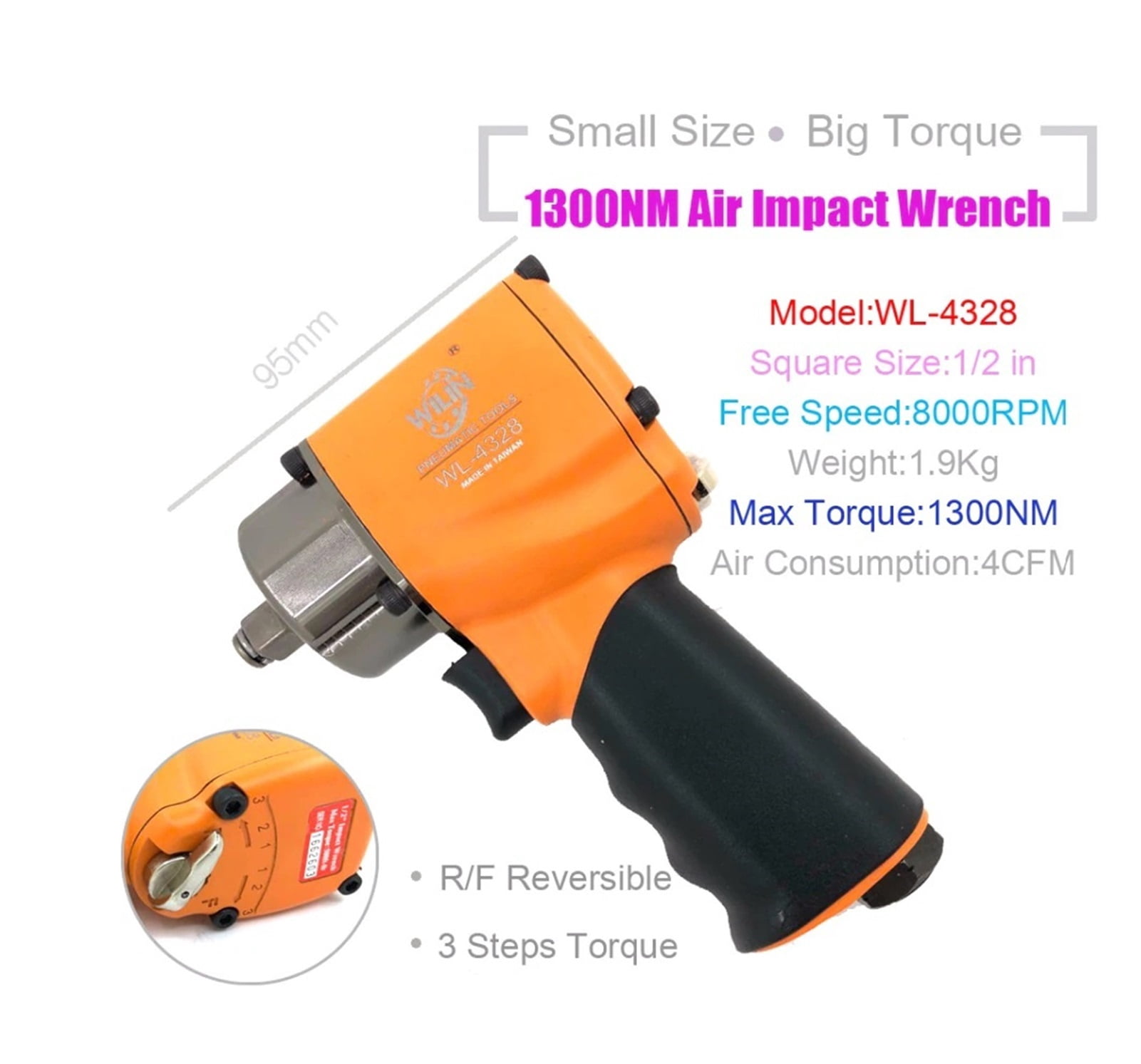 Industrial Pneumatic Tools 1/2" Inch Mini Composite Air Impact Wrench 1300NM Big Torque Twim Hammer