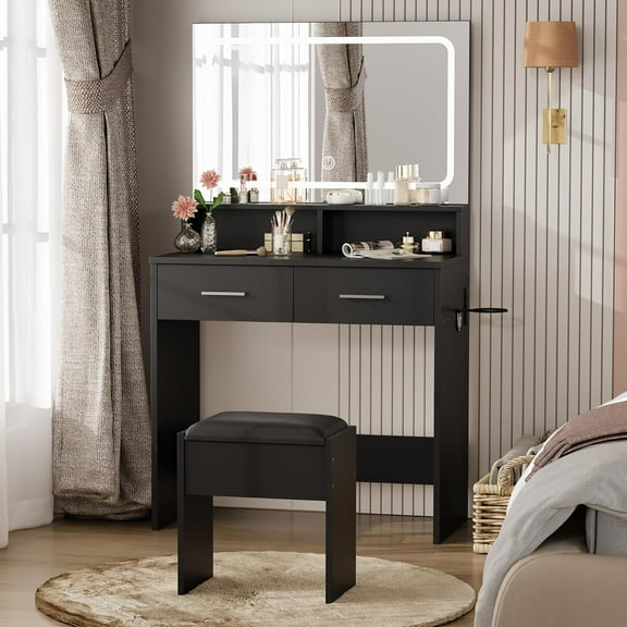 Vanity Set with Mirror, Stool and Lights, Small Makeup Vanity Table with Charging Station and 2 Storage Drawers, Bedroom Dressing Table