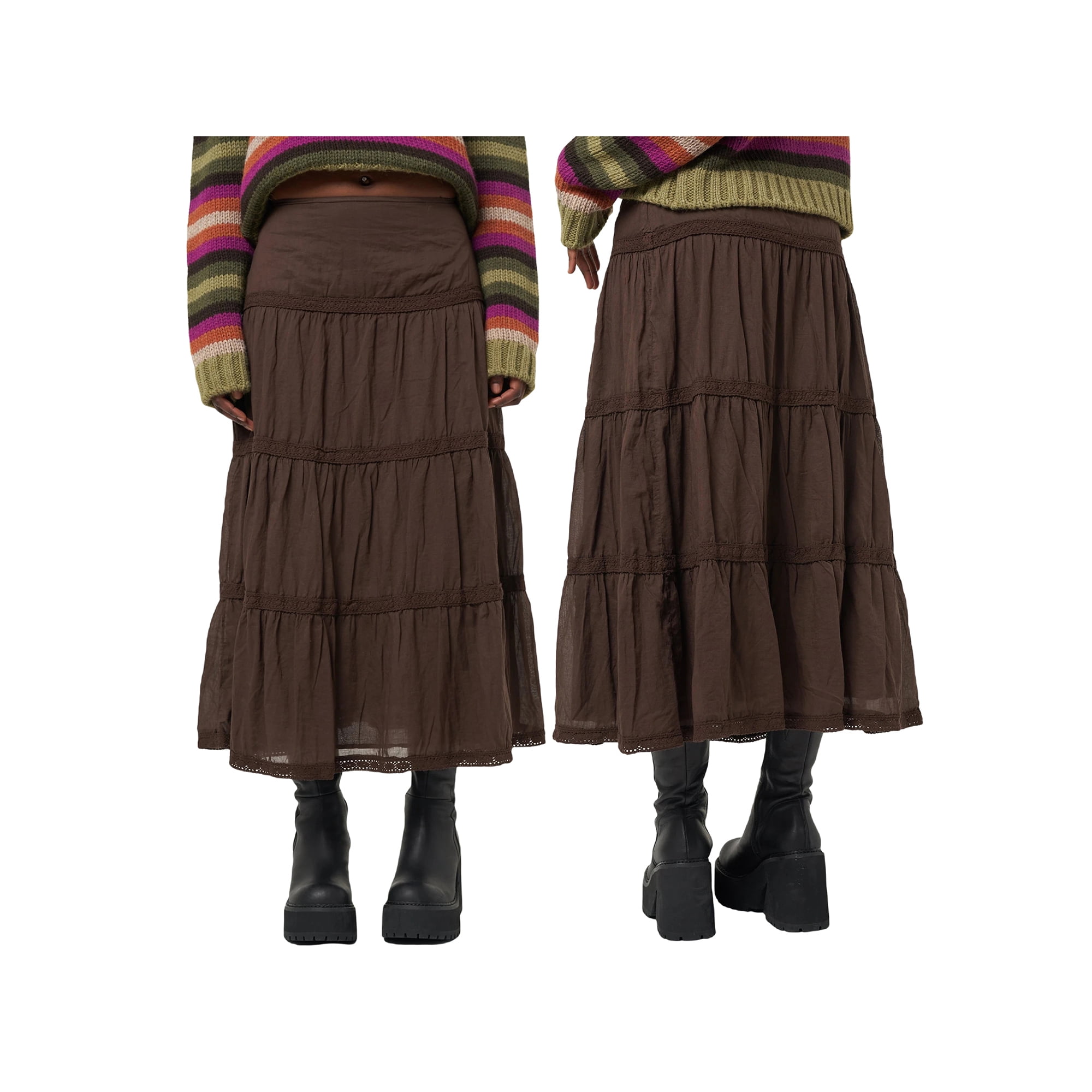 Fortune Women Vintage Brown Long Pleated Skirt Fall Swing Skirt 
