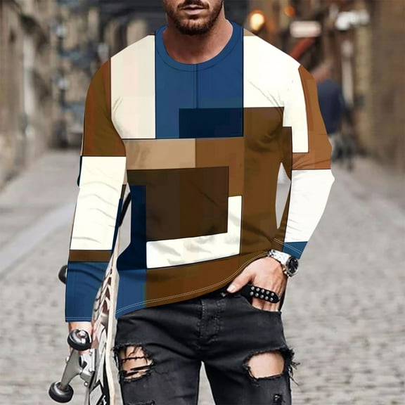 Spring Tops for Women Mens Graphic T Shirts under $10.00 Winter for Men Casual Color Blocked Checkered Graphic Round Neck Long Sleeved Shirt Multicolor S