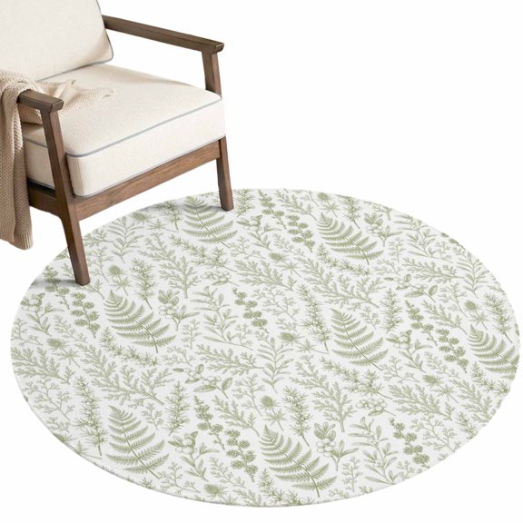 Sage Green Leaf Round Area Rug 5ft Country Minimalist Botanical Pastoral Leaves Non-Slip Washable Circle Rugs Soft Felt Indoor Floor Mat for Bedroom Kitchen Living Room Bathroom