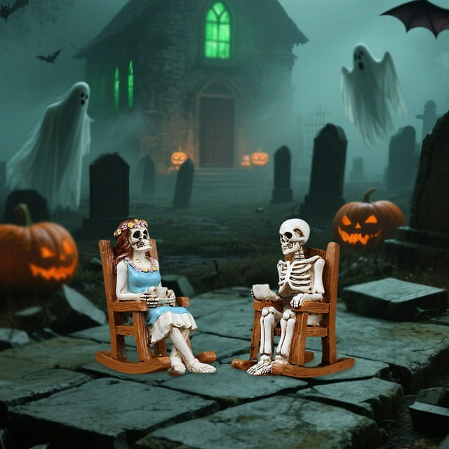 Halloween Resin Skeleton Couple on Rocking Chair Ornament, Coffee Drinking Scene for Outdoor Patio Garden Home Decoration, Festive and Humorous Display Piece