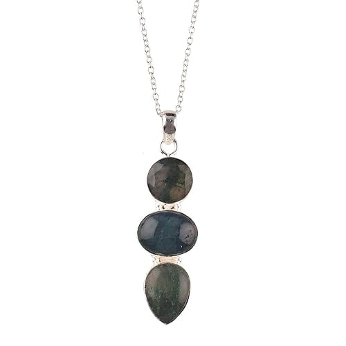GEMSLOGY Natural Real Moss Agate Raw Crystals Bezel Pendant Necklace, Birthstone, Healing Gemstone, Birthday, Mothers Day Gift Jewelry, Occasion Wear, Gift for Her, Christmas Gift (Moss Agate C)