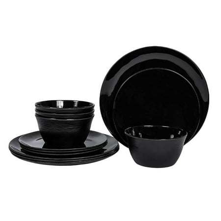

12pcs Melamine Dinnerware Sets Outdoor Plates and Bowls Set for 4 Camping RV Picnic use Black