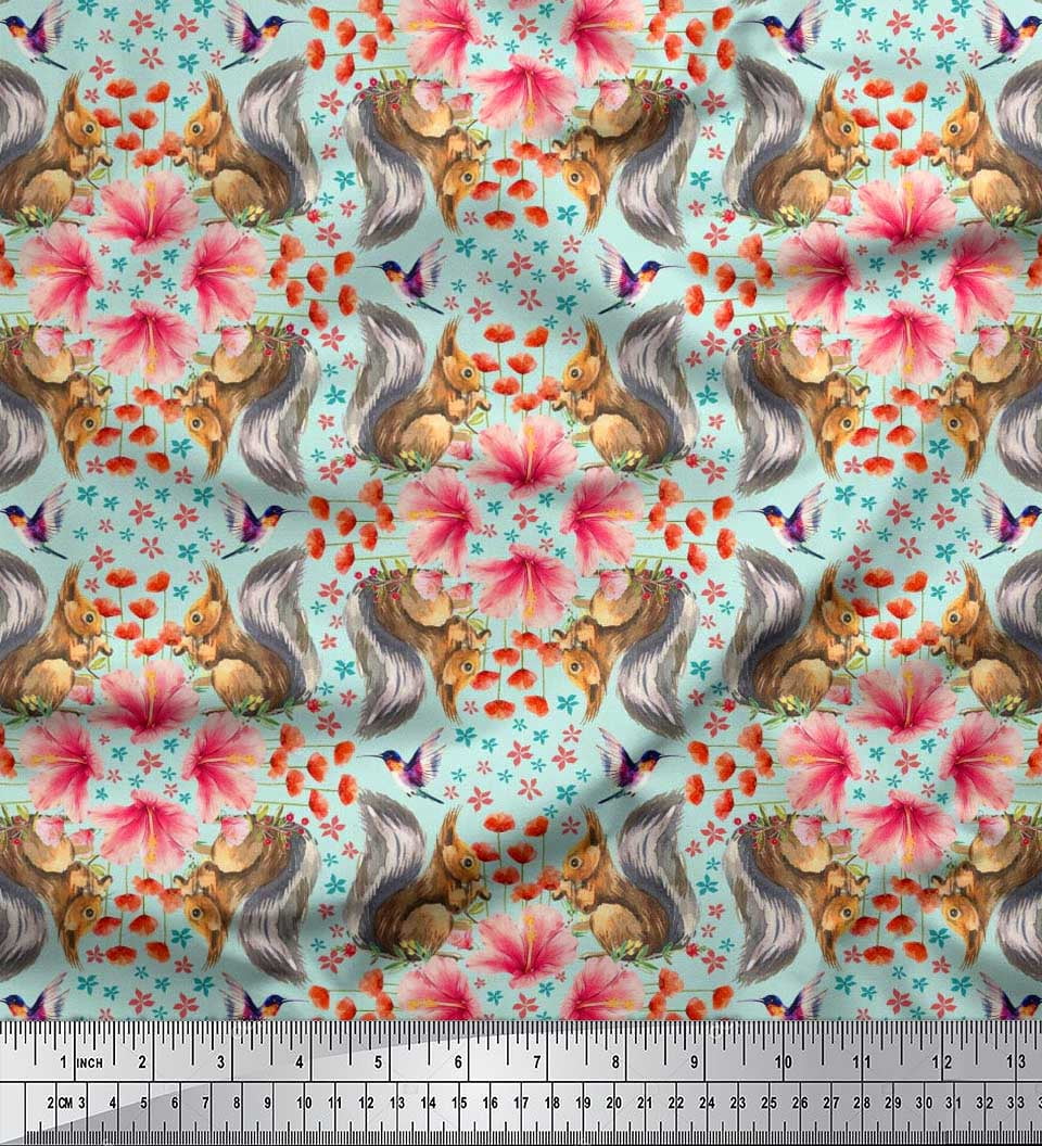 Soimoi Moss Georgette Fabric Floral,Hummingbird & Squirrel Animal Print Fabric by The Yard 42 Inch Wide