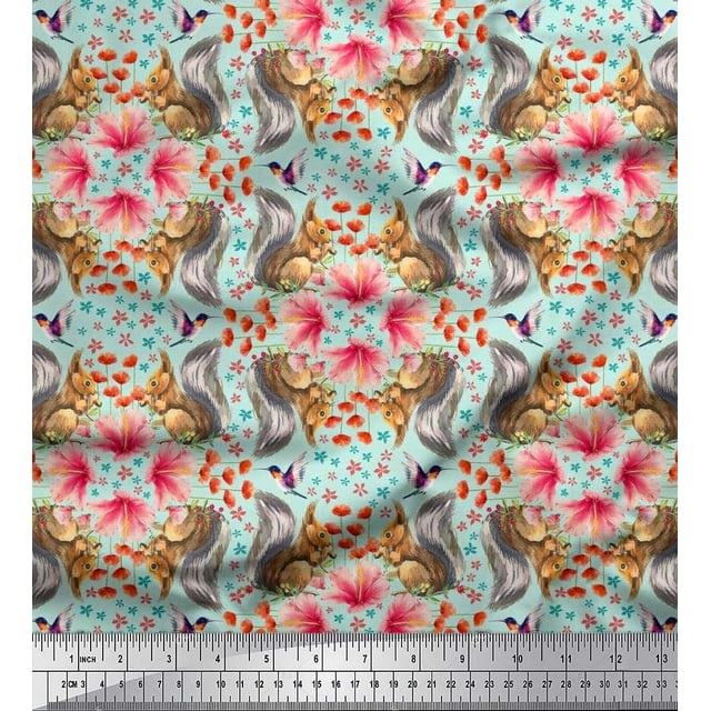 Soimoi Georgette Viscose Fabric Floral,Hummingbird & Squirrel Animal Print Fabric by The Yard 42 Inch Wide