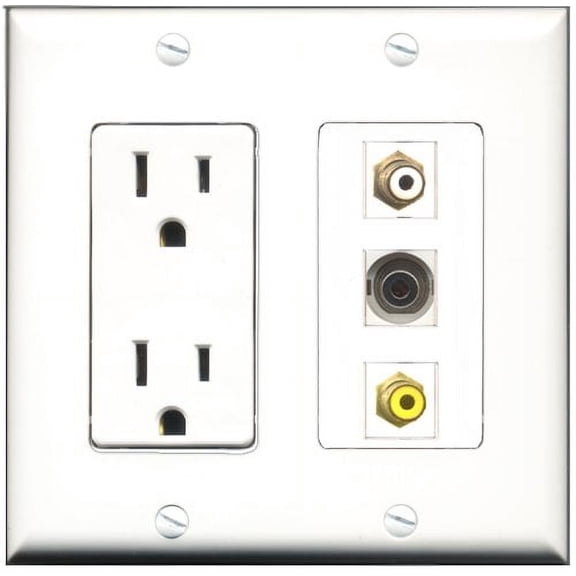 RiteAV - 15 Amp Power Outlet 1 Port RCA White 1 Port RCA Yellow 1 Port 3.5mm Decorative Wall Plate