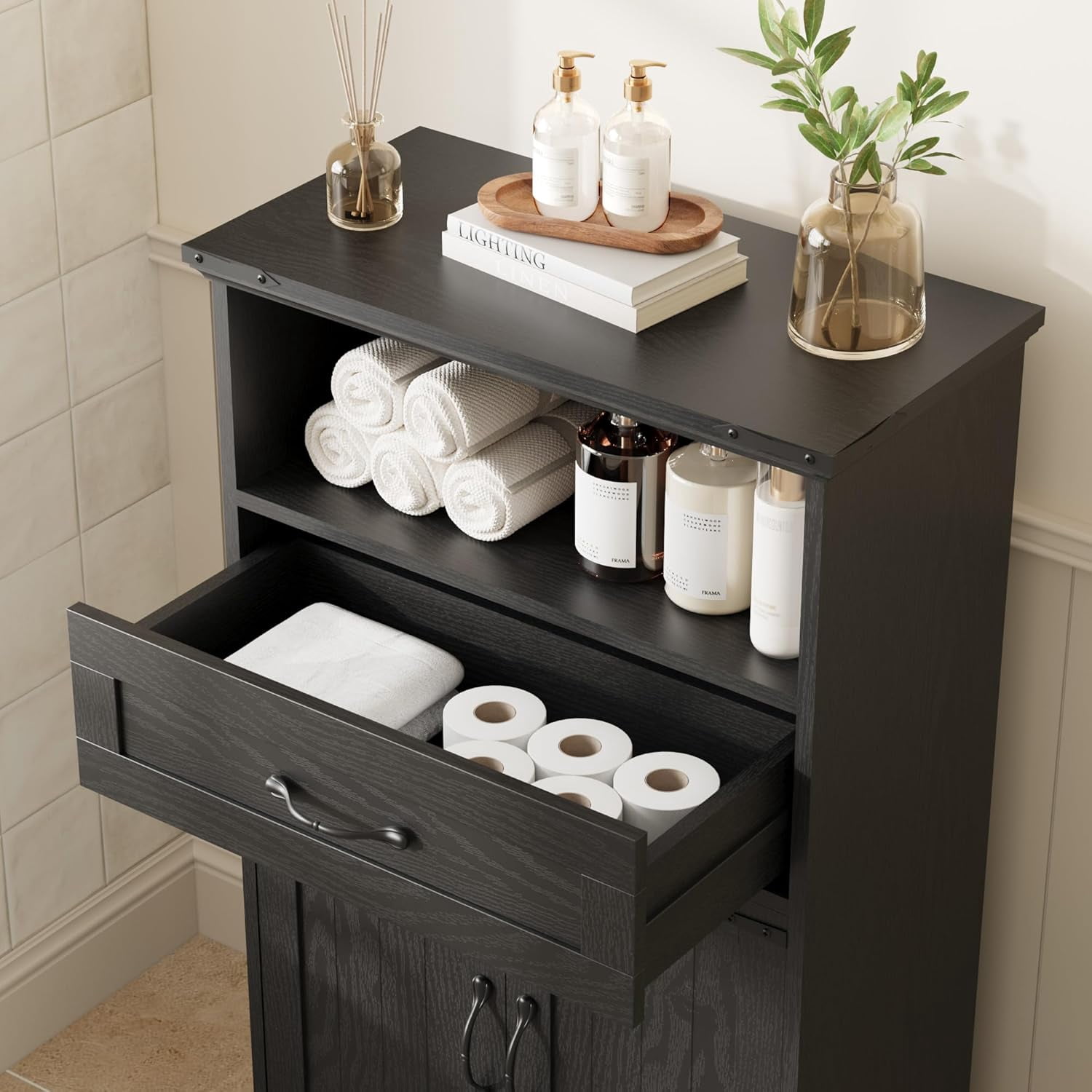 Farmhouse Bathroom Cabinet, Bathroom Storage Cabinet for Kitchen, Living Room, Entryway, Black