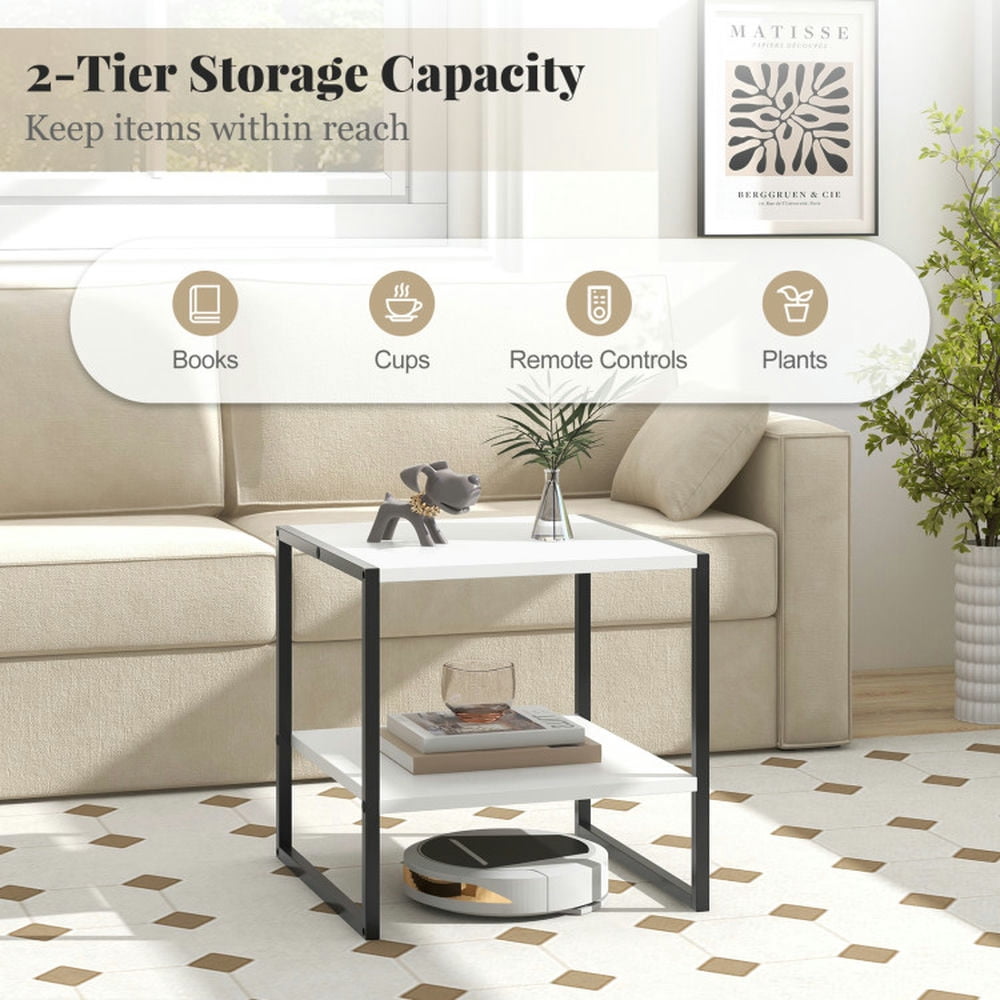 GVN End & Side Tables,2-Tier Square End Table with Storage Shelf Reversible Design-White