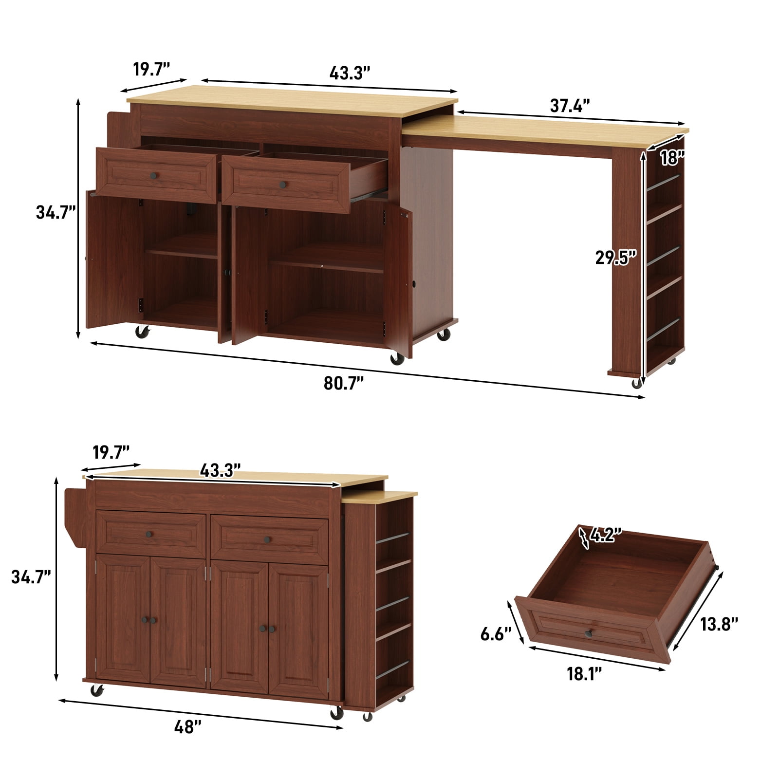ANPOO Large Kitchen Island with Extendable Dining Table and Power Outlet, Rolling Kitchen Island Cart on Wheels with 2 Storage Cabinets & 2 Drawers & 3 Spice Racks, Island Table for Kitchen