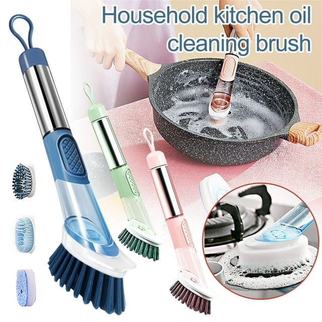 Cepillo de limpieza dispensador de jabón 3 en 1 con mango - Cepillo de cocina para ollas y platos, 8" con cabezas de esponja y cerdas, lazo colgante