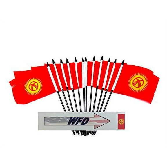 Pack of 12 4"x6" Kyrgyzstan Polyester Miniature Desk & Little Table Flags, 1 Dozen 4"x 6" Kyrgyz Small Mini Hand Waving Stick Flags (Flags Only)