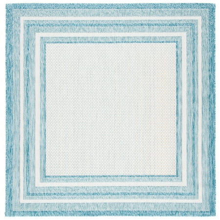 SAFAVIEH Courtyard Ercan Bordered Indoor/Outdoor Area Rug  Ivory/Aqua  6 7  x 6 7  Square