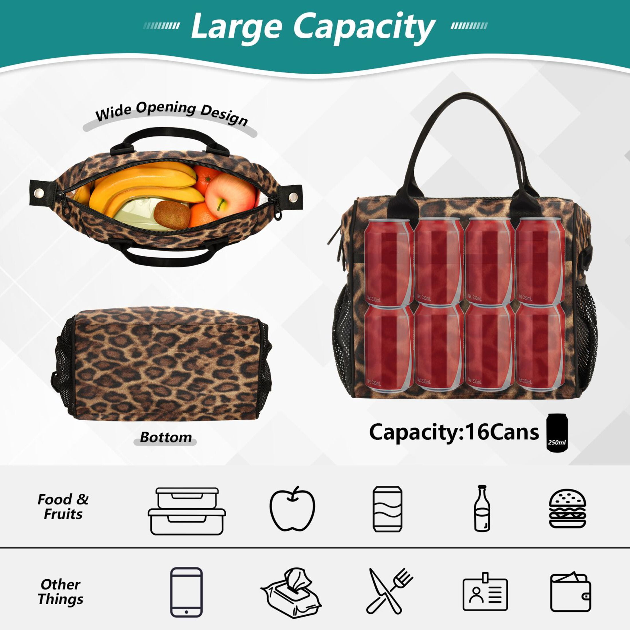 Iauyy Insulated Thermal Lunch Tote Bag for Women - S/M Sizes Portable Picnic Work Bag ,Brown Leopard Print