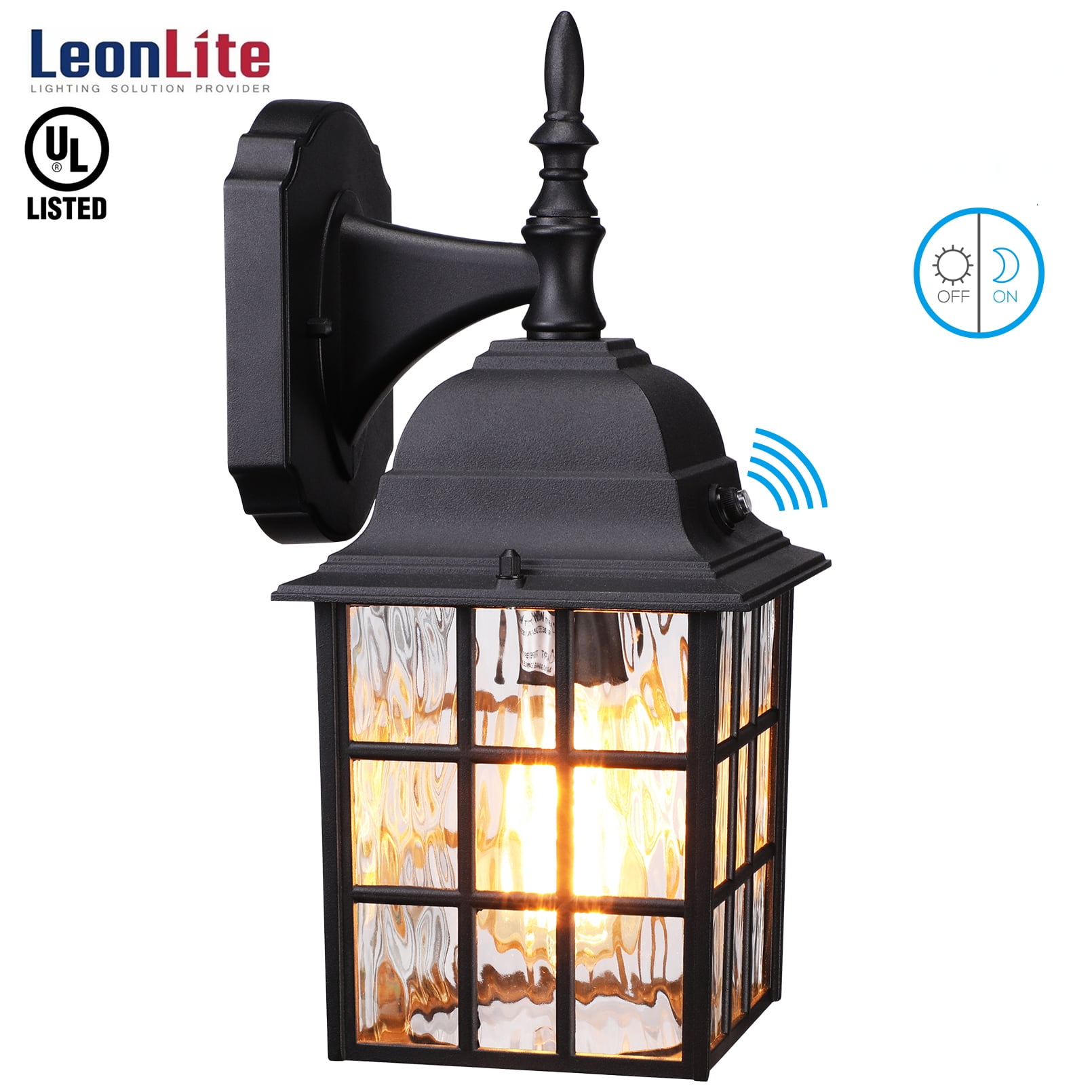 Outside Lights for House Porch Garage Black Wall Sconces Water Ripple Glass Dusk to Dawn Outdoor Wall Lights Exterior Light Fixture Photocell Wall Mount 2-Pack Motion Sensor Outdoor Wall Lanterns