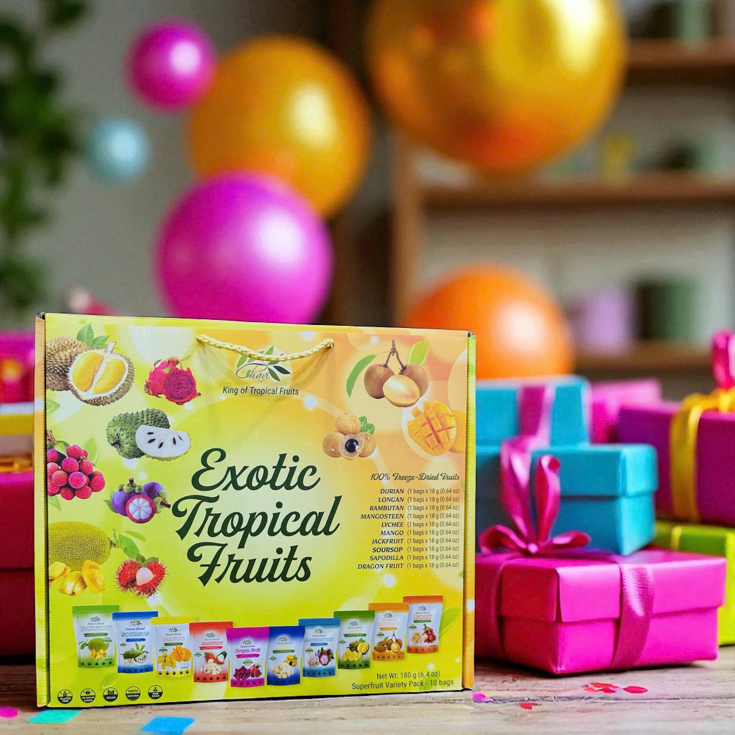 CHAVI Freeze Dried Exotic Tropical Fruits | Pack of 10 | Gift Box - No Added Sugars or Preservatives - Non-GMO, Vegan, Gluten-Free | 180 g | 6.4 oz