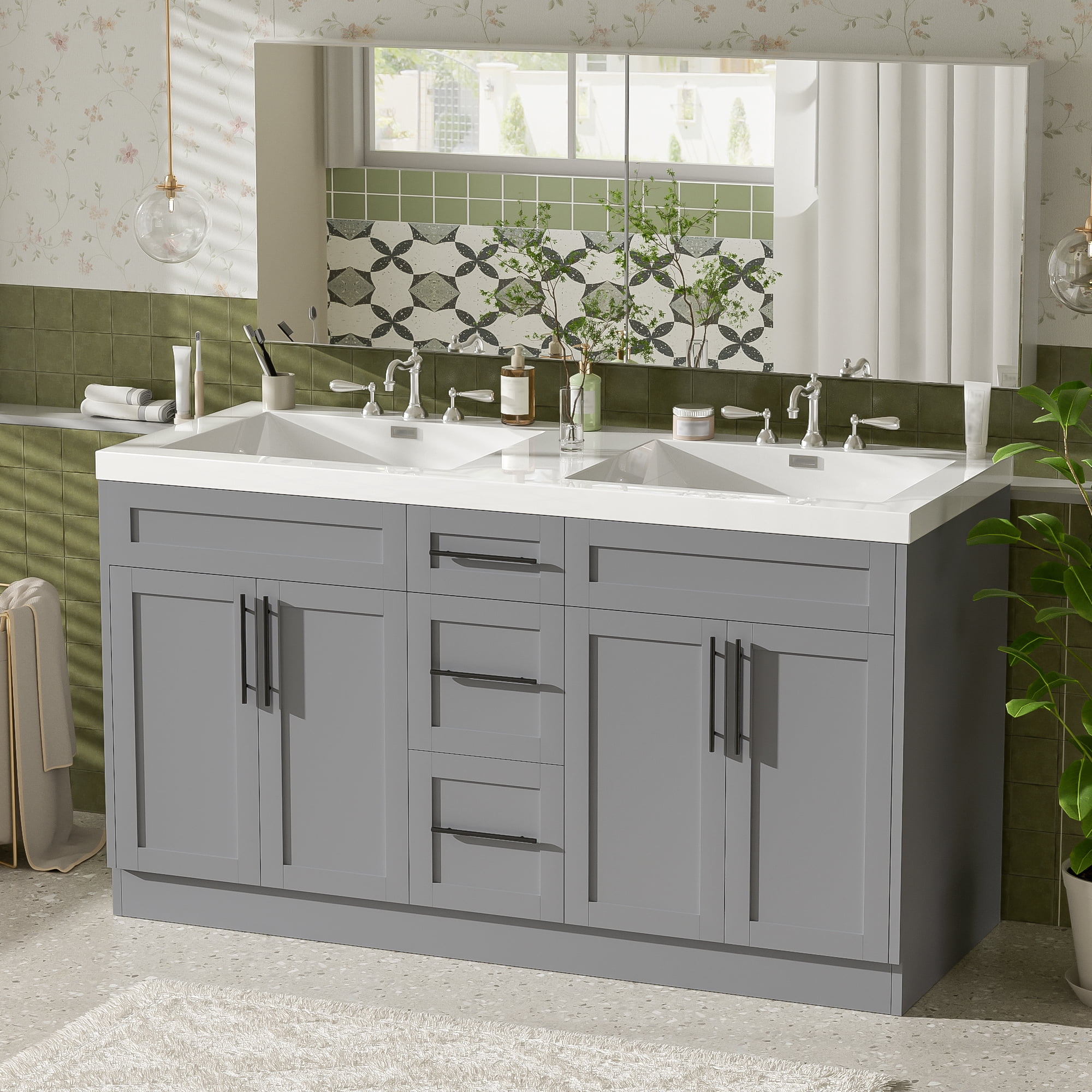 Harper & Bright Designs 59.3'' Large Bathroom Vanity with Double Sink, Free Standing Single Basin Vanity Set with Drawers and Door, Bathroom Sink Storage Cabinet, Gray