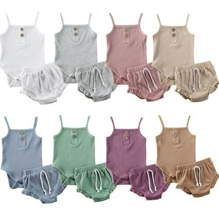 

2PCS Newborn Kids Baby Girls Clothes Cotton Knitted Crop Tops + High Waist Shorts Summer Outfits Set