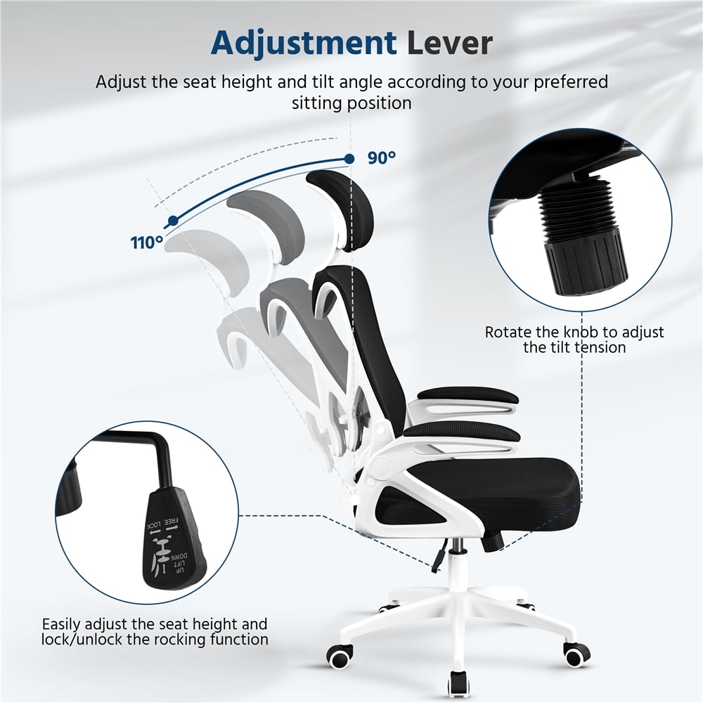 Yaheetech Adjustable High Back Mesh Office Chair with 90° Flip-up Armrest, White/Black