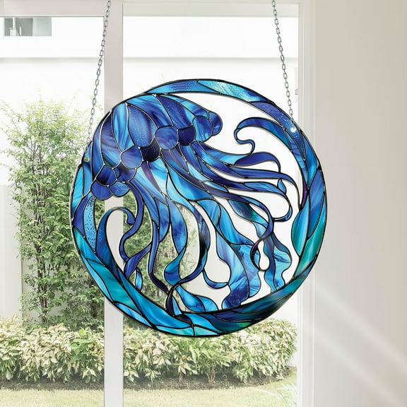Stunning Ocean-Inspired Jellyfish Acrylic Window Hanging - Round Stained Glass Artistic Decor