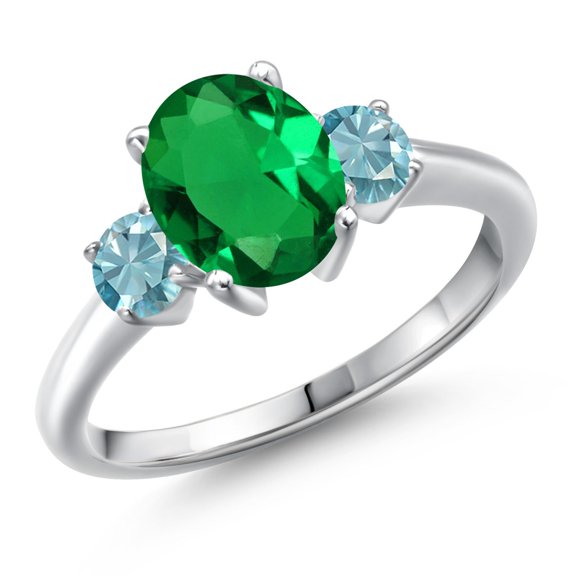 Gem Stone King 925 Sterling Silver Green Nano Emerald and Blue Zircon Engagement Ring for Women | 2.50 Cttw | Oval 9X7MM | Gemstone May Birthstone | Size 6