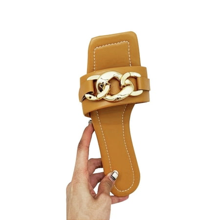 

TANGON Summer Flat-bottomed Flip Flops Fashion Metal Buckle Retro Square Head