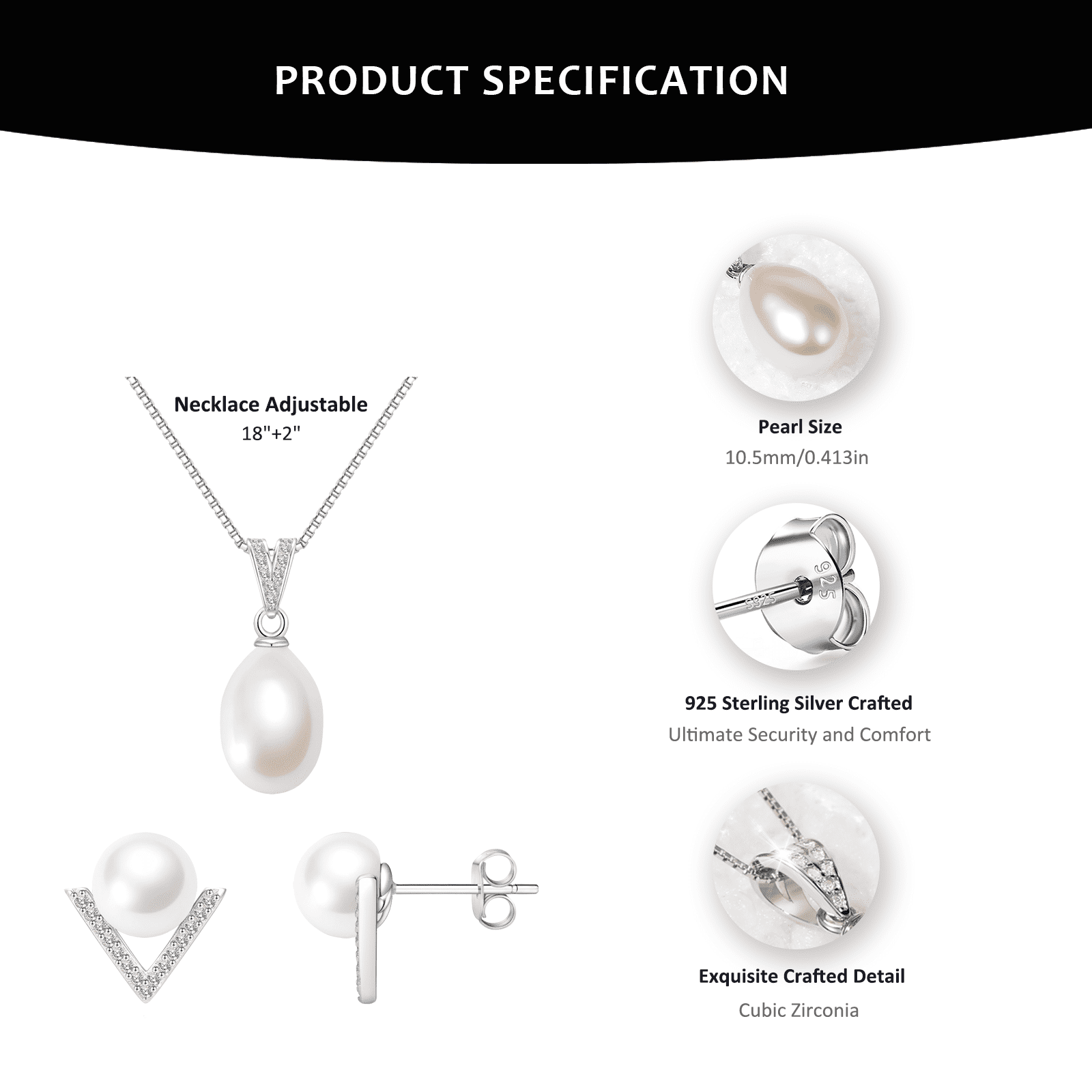 YAMI 10-11 mm Freshwater Cultured Pearl Necklace & Earrings Set, 925 Sterling Silver White Pearl  Valentine's Day Jewelry Gift for Her