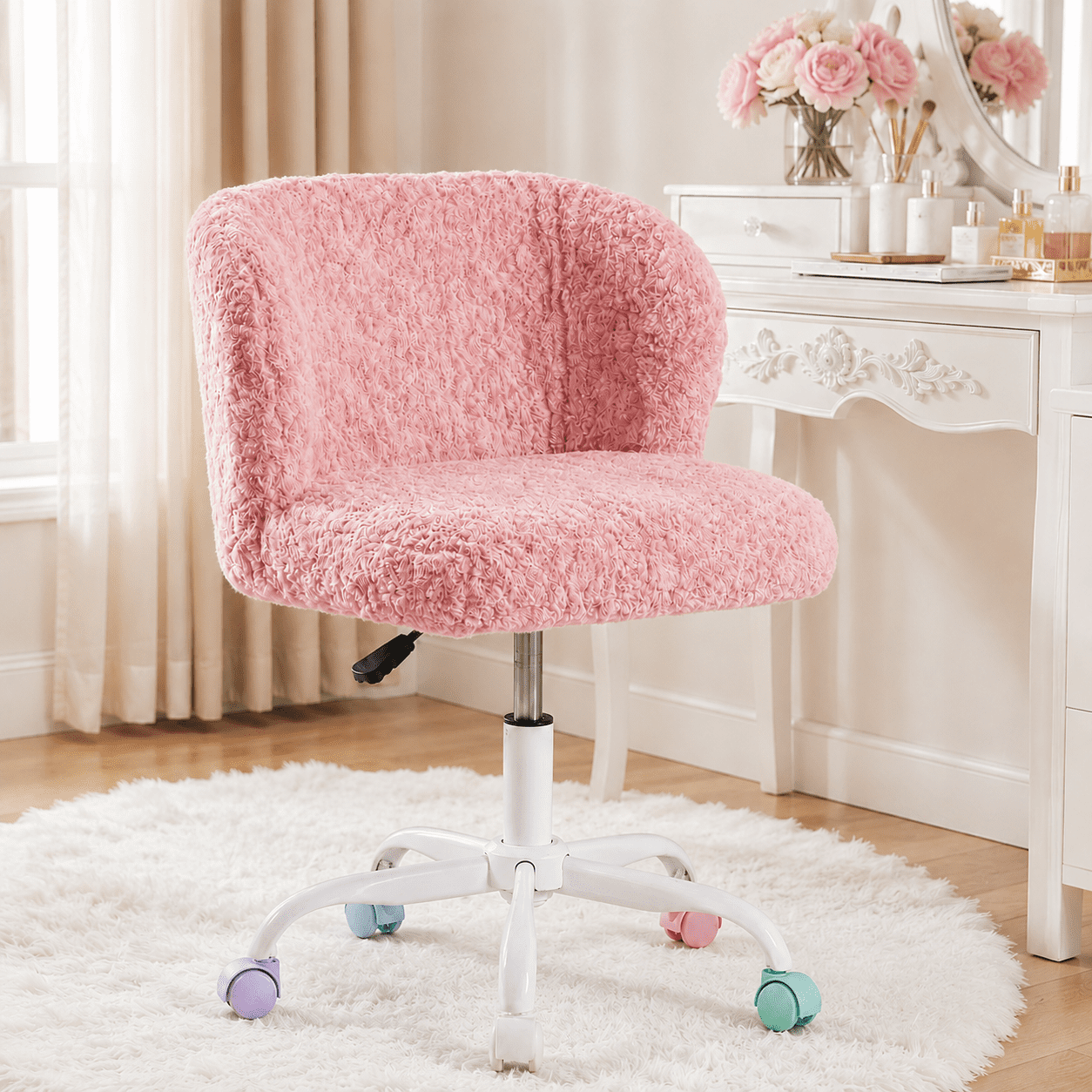PAPROOS Vanity Chair with Wheels, Home Office Chair, Cute Makeup Desk Chair with Artificial Alpaca Wool Fabric, Adjustable Swivel Task Computer Chair for Bedroom, Pink