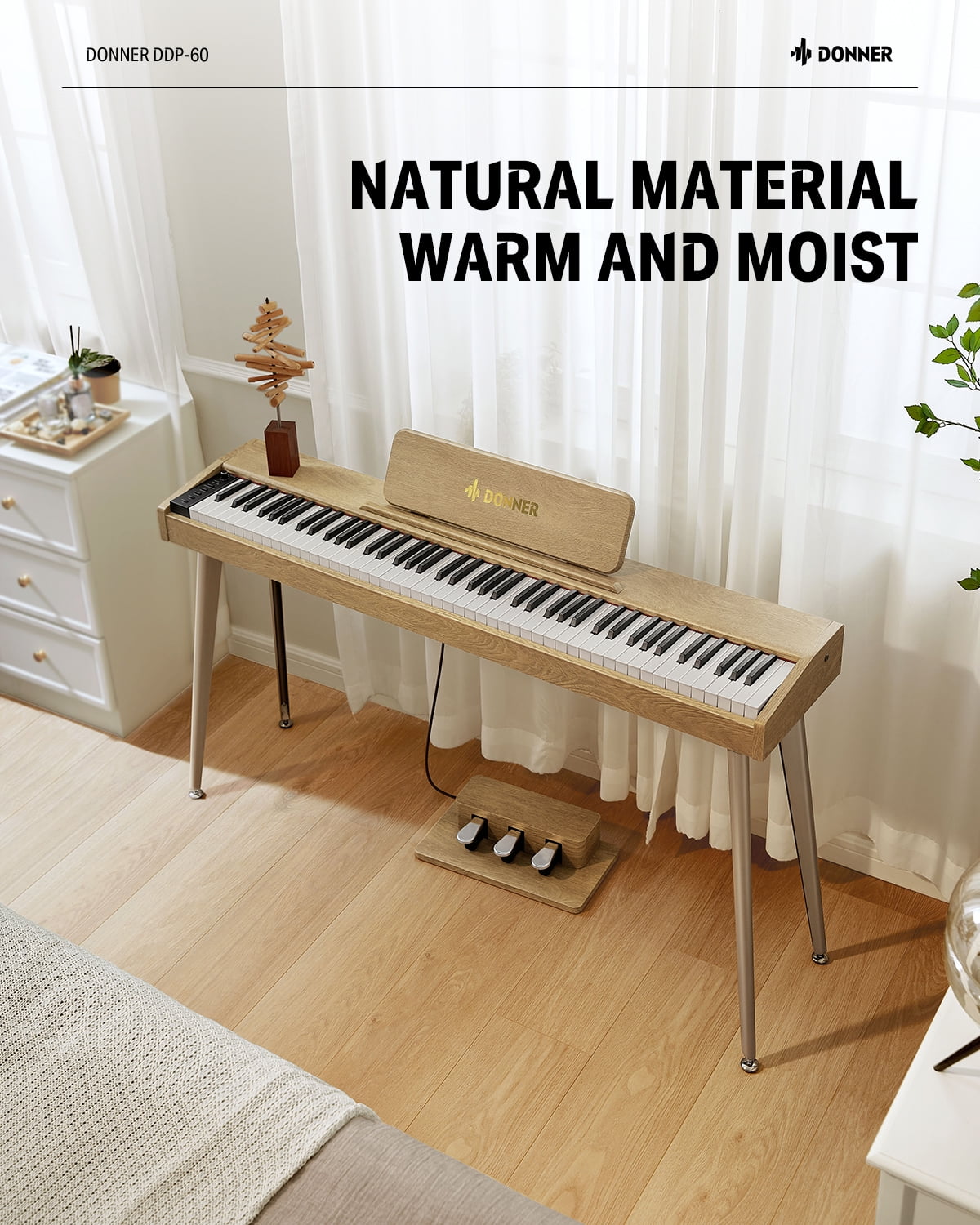 Donner DDP-60 88-Key Digital Piano: Full-Size, Touch-Sensitive, 8 Reverbs, Recording, 128 Voices, 3-Pedal System for Beginners