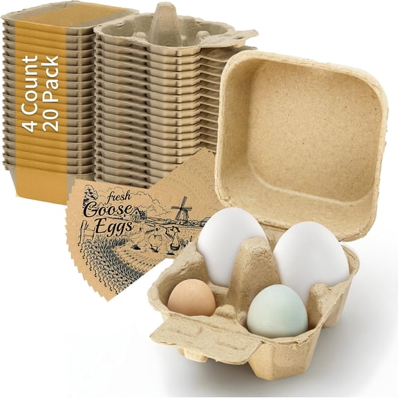 Goose Egg Cartons 4 Grids 20 Pack- Holds Up to 4 Counts Eggs Bulk Blank Container Empty Cardboard Thickness Natural Pulp Egg Boxes
