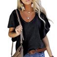 thumbnail image 4 of Blusa con escote en V y mangas con volantes para mujer: blusa informal de color puro para citas de verano elegante, 4 of 6