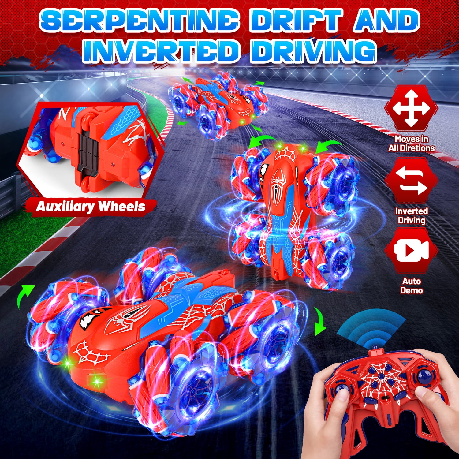 Beefunni Spider Remote Control Car, 2.4GHz Double Sided RC Stunt Car with LED Lights, 4WD 360° Flips Rotating Rechargeable Off-Road RC Car Indoor Outdoor Toys for Kids Boys Girls Ages 4-12 Birthday G