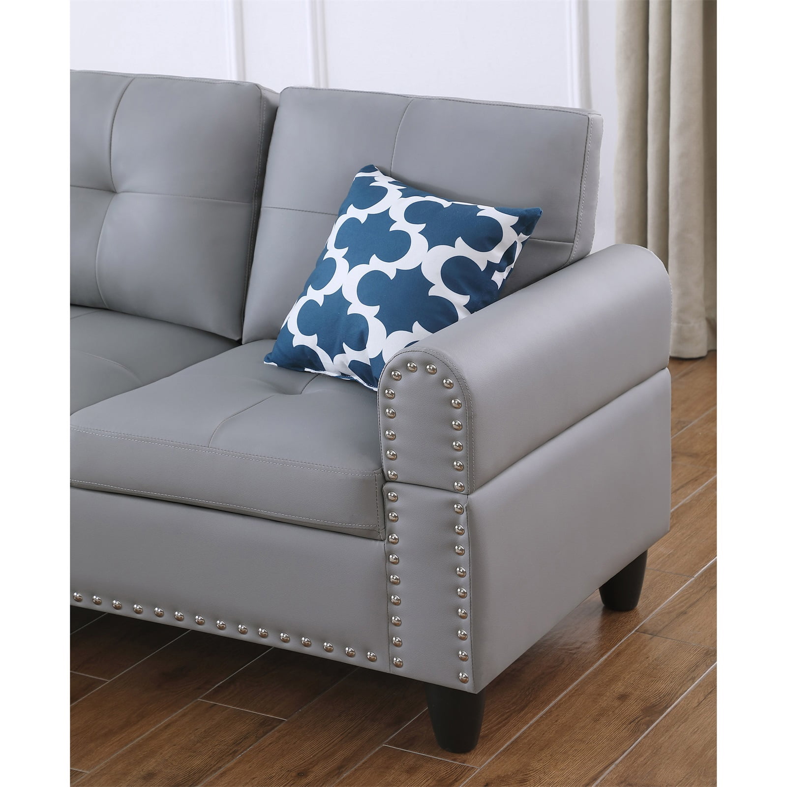 Hommoo L-Shaped Upholstered Sectional Sofa Couch with Storage & Cup Holders, Faux Leather Living Room Sofa Set, No Ottoman, Gray