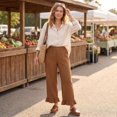 thumbnail image 5 of Satingcolo Linen Pants Women Wide Leg Ruffle Hem Pull On High Waisted Elastic Waist Cropped Ankle Casual Beach Summer Pants Brown L, 5 of 8