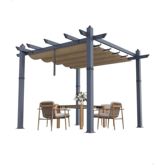 Rugerasy 10x10 FT Aluminum Retractable Pergola with Adjustable Sun Shade Canopy,Modern Metal Patio Gazebo,Weather-Resistant Outdoor Shelter,Gray-Khaki