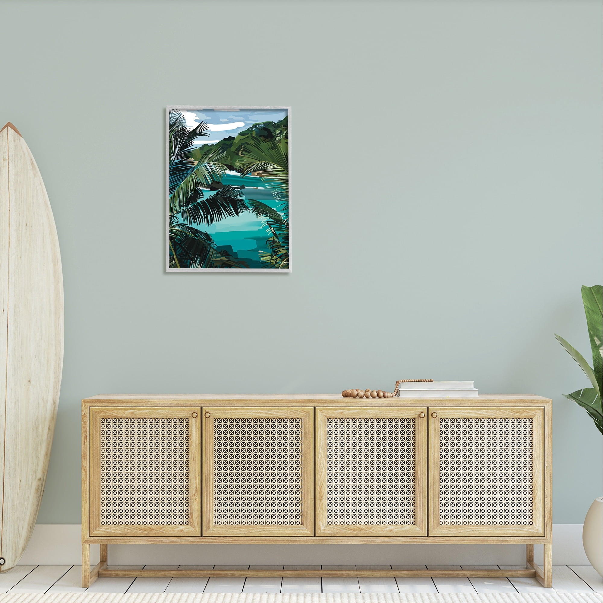 Stupell Industries Tropical Ocean Inlet Lush Palm Tree Hills Graphic Art Gray Framed Art Print Wall Art, Design by Amelia Noyes