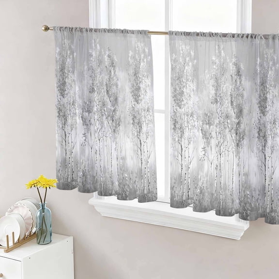 Grey Vintage Semi Sheer Window Curtains 54 Inches Long, Modern Abstract Art Oil Paiting Rod Pocket Voile Silky Chiffon Curtain Light Filtering Drapes for Living Room, Kitchen, 52"x54", 2 Panels