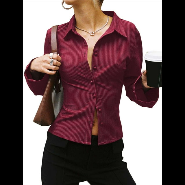 Camisas de Mujer con Botones, Larga A Rayas, Cuello, Blusas Informales de Trabajo, Conjuntos Modernos Rojo S