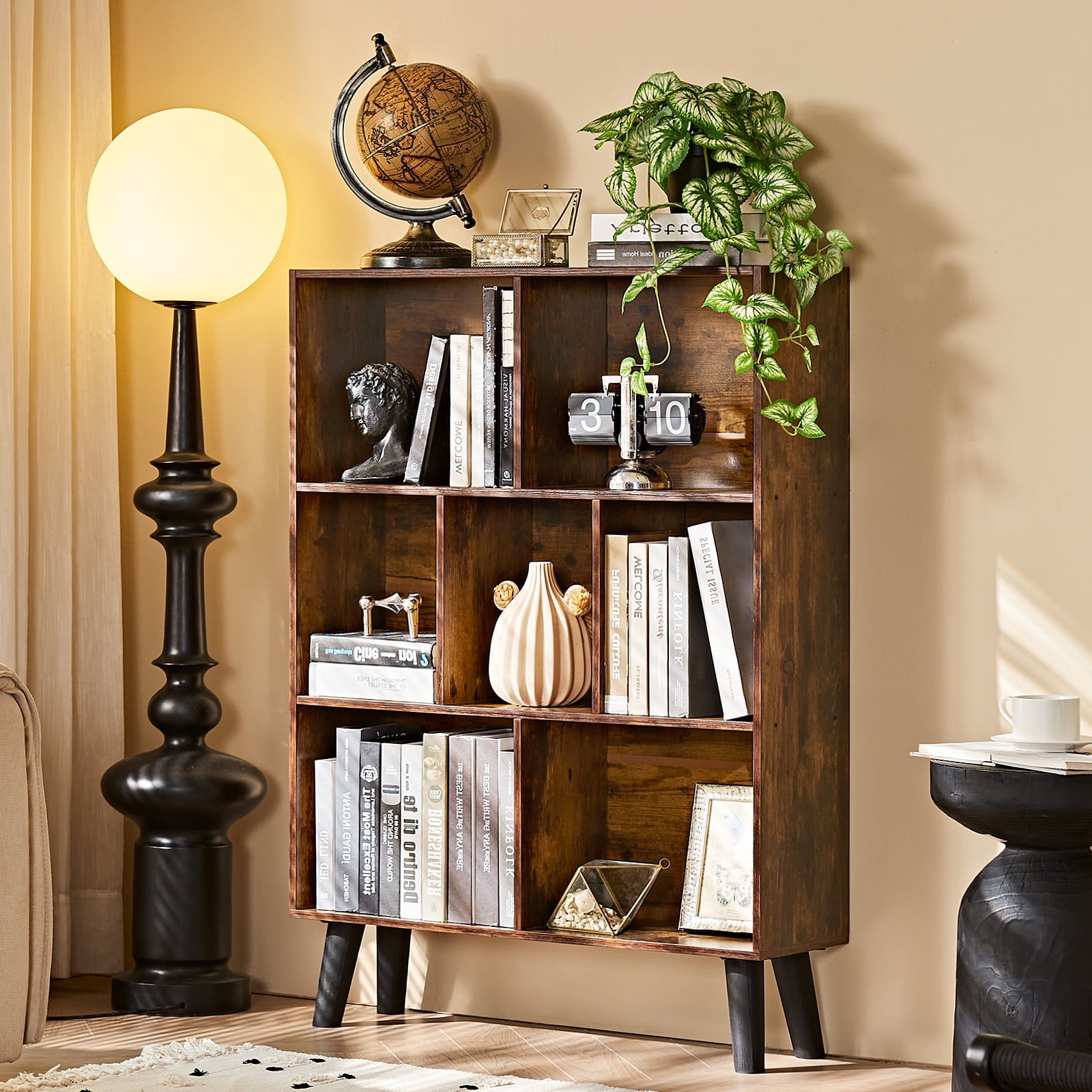 LELELINKY 7 Cube 3-Tier Open Wooden Bookshelf, Toy Shelves Bookshelves,Wood Display Bookcases, Brown