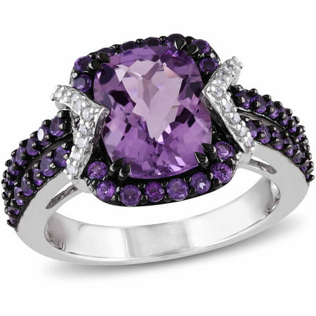 3-1/3 Carat T.G.W. Amethyst and Amethyst-Africa with 1/6 Carat T.W. Diamond Sterling Silver Halo Cocktail Ring